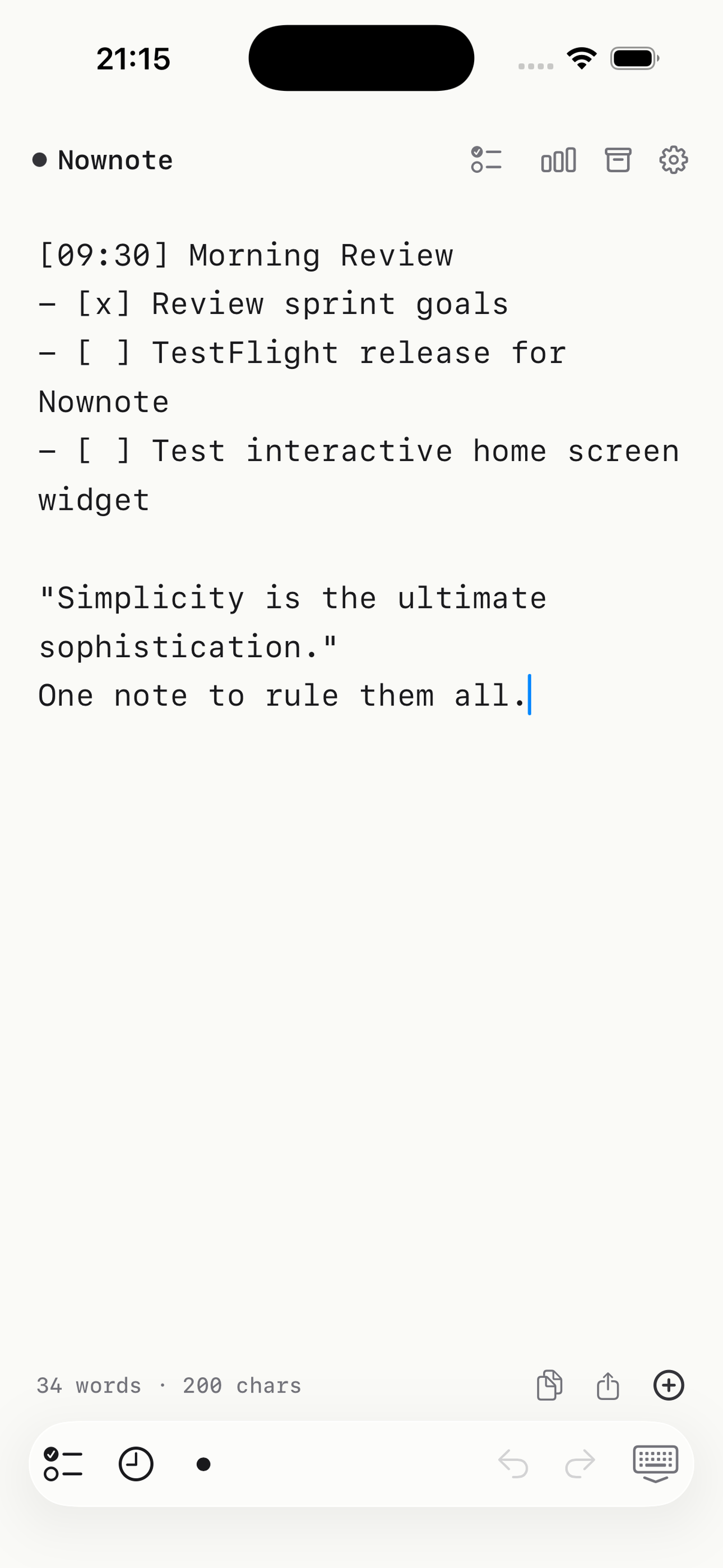 The Nownote editor: one note with a timestamp and a checklist